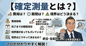 確定測量の費用・期間・メリットを解説する土地家屋調査士のイラスト。境界標のズレ対策や、地積測量図を法務局に登記する一生モノの安心感を表現。相続に向けた「終活・生前対策」として土地を整理したい方に向けた解説図。